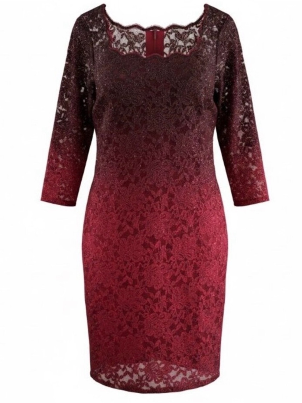 Red Lace 3/4 Sleeve Ombre Glitter Sheath Dress Size 16 By Onyx